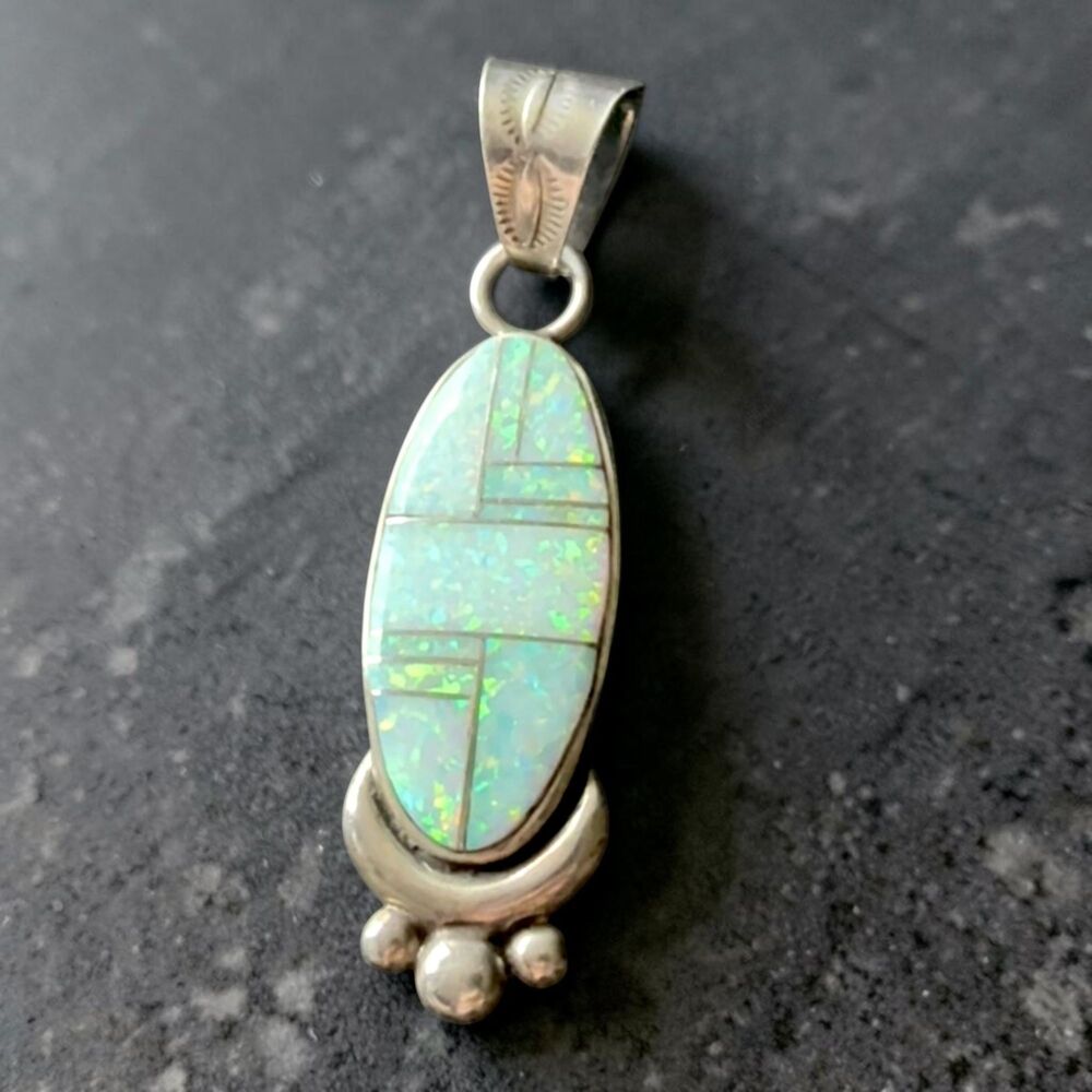 Ervin Hoskie Navajo Opal Inlay Pendant Sterling Silver Signed Southwest 10g